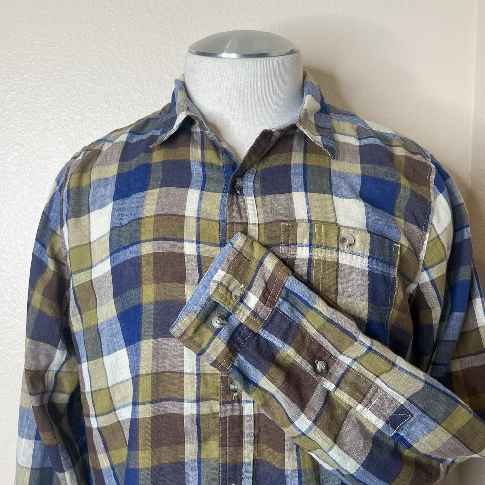 Toad & Co Mens Plaid Linen Blend Casual Shirt Insect Shield Long Sleeve Light